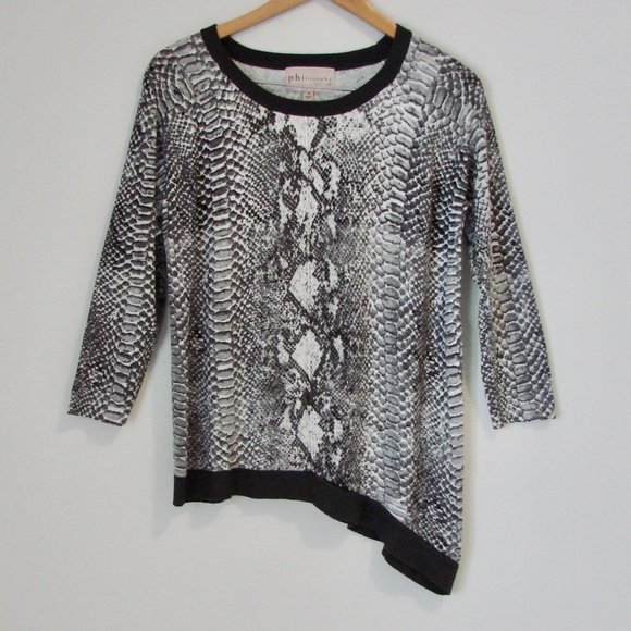 Philosophy Sweaters - Animal Print Tunic Sweater Black White Snakeskin Print Asymmetrical Hem Small